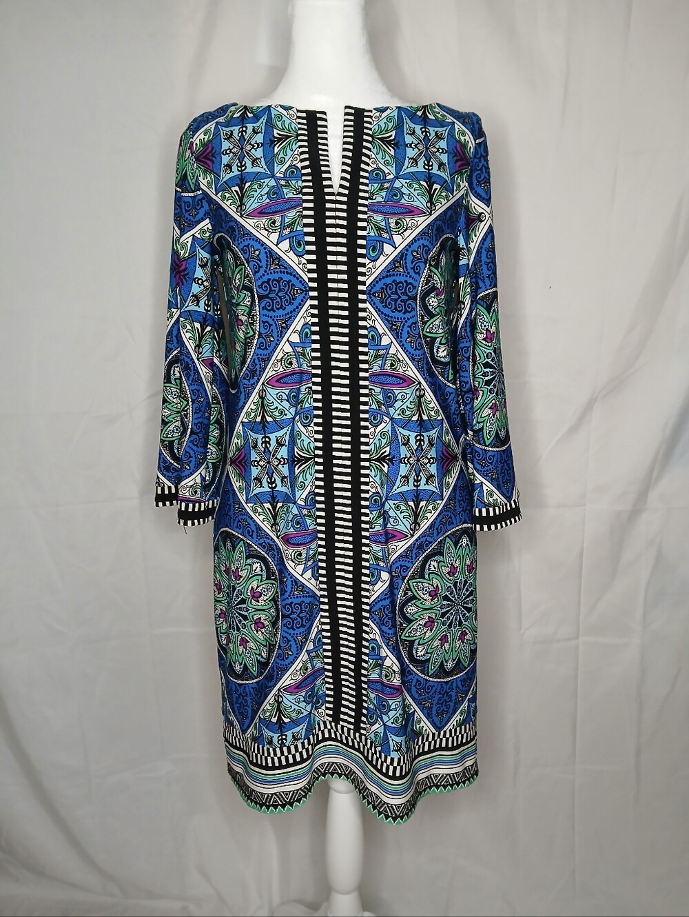 Blue Patterned Long Sleeve Shift Dress